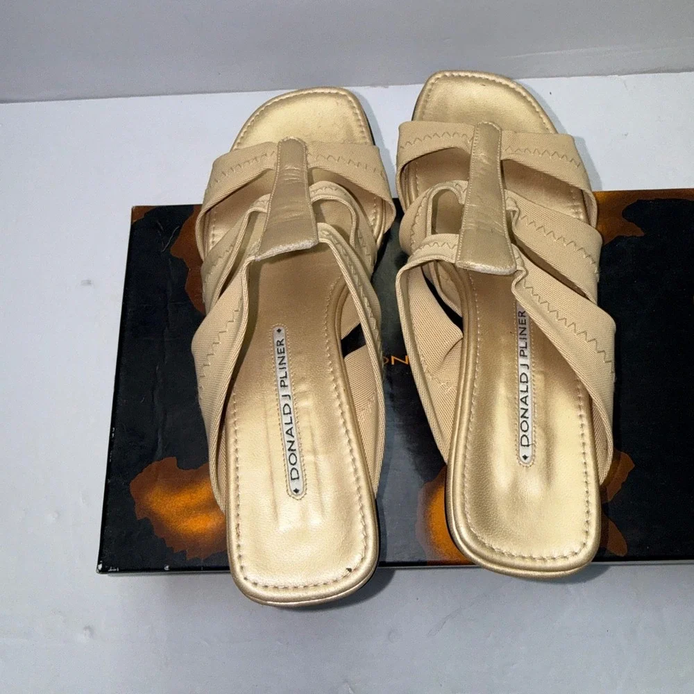 Donald J Pliner Darja Sand Mesh‎ Elastic Nappa Leather Wedge Sandals Tan 6.5M